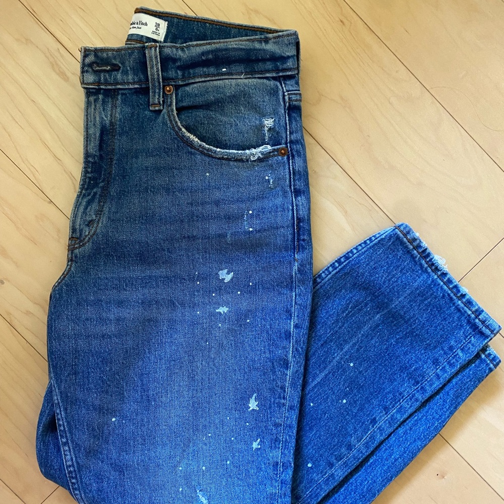 Abercrombie & Fitch High Rise Mom Jean Paint Splatter Design.